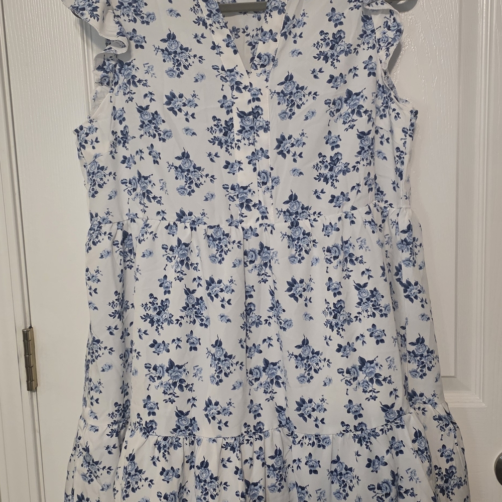 White and Blue Floral Tiered Dress